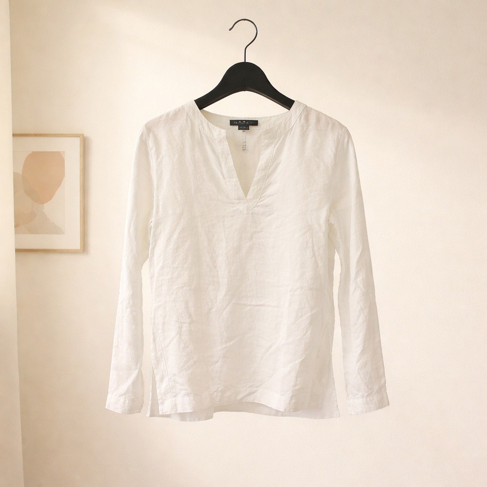 Lauren Ralph Lauren White 100% Linen Embroidered Split V-Neck Tunic Top Mens S